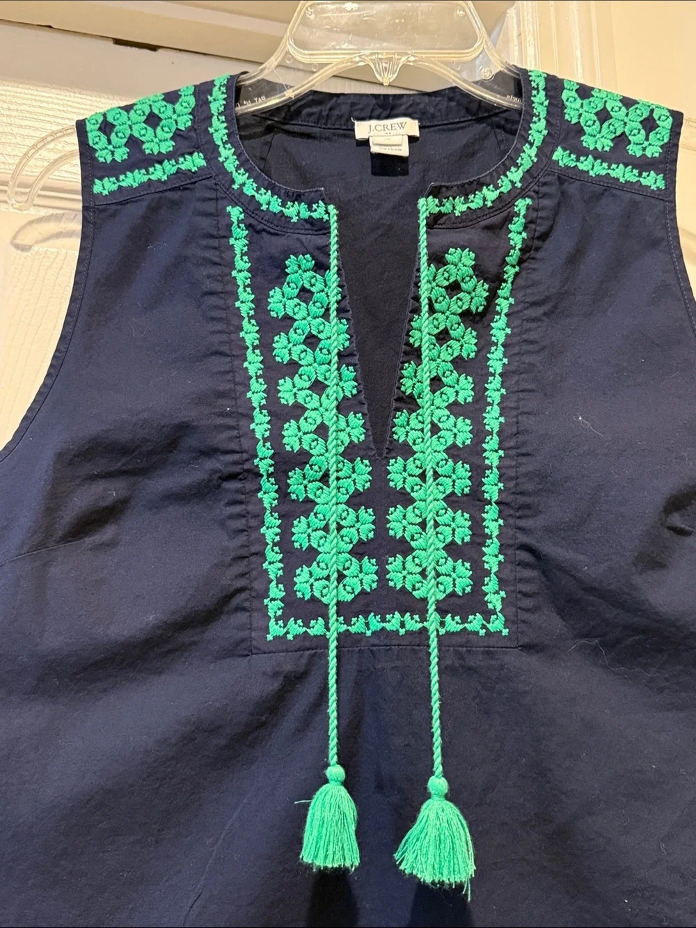 J. Crew Navy Tank Green Embroidered Front & Tassels Autumn Nautical Luncheon 10